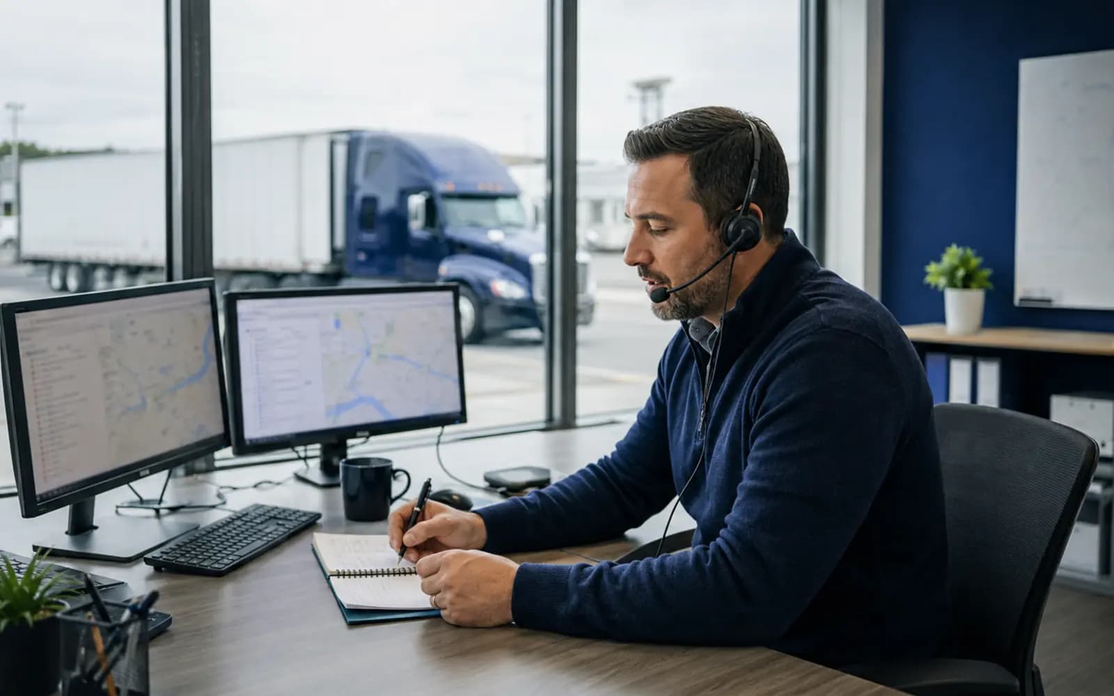 Dispatcher coordinating loads at a desk with route maps on screen