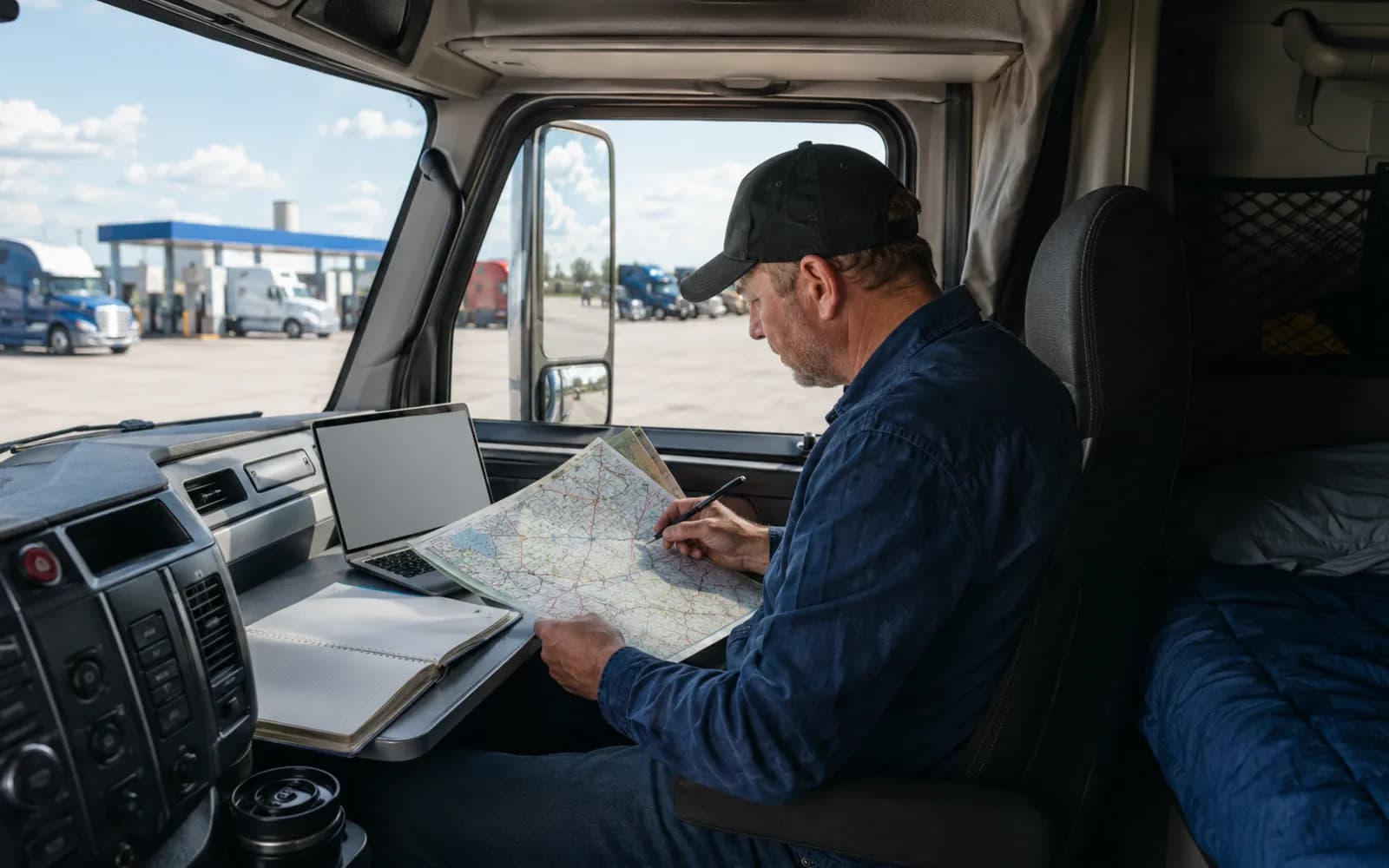 Driver reviewing a paper map and laptop from inside the truck cab