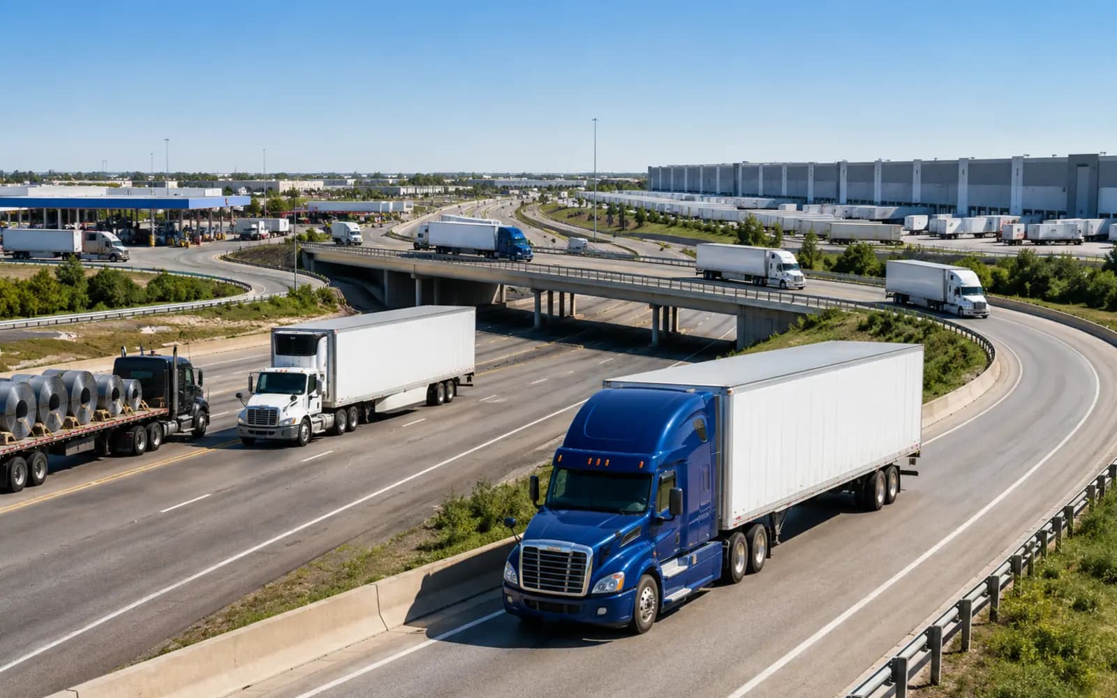 Trucks moving through a highway interchange near a distribution hub