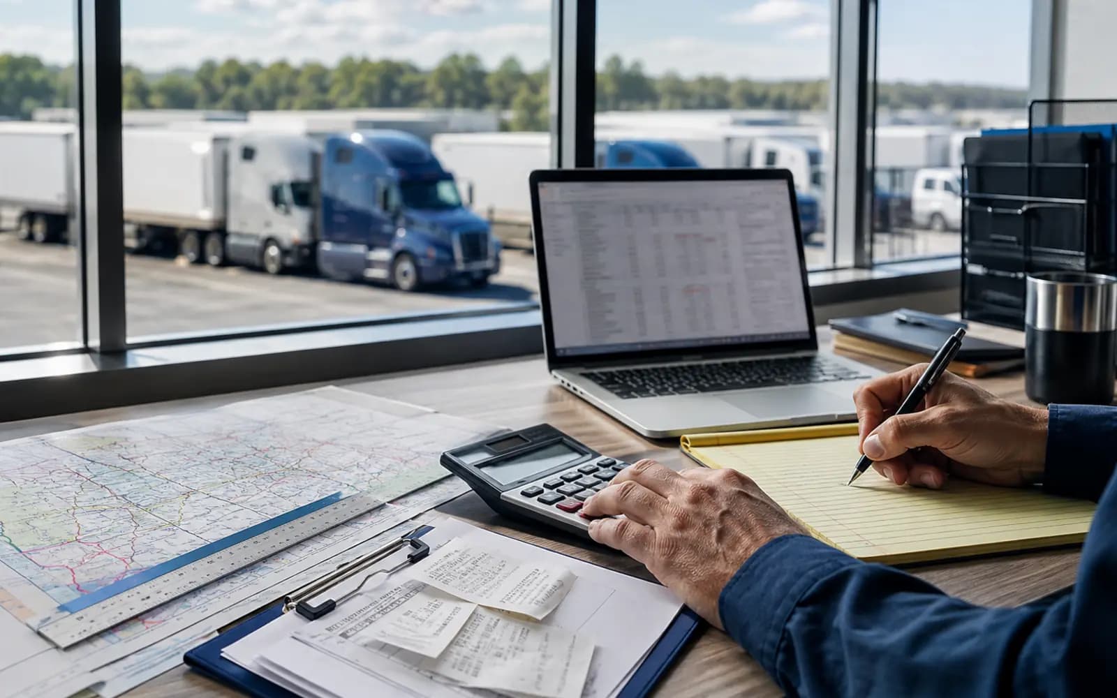 Owner-operator calculating trip costs with a calculator, laptop, and paper map at a desk